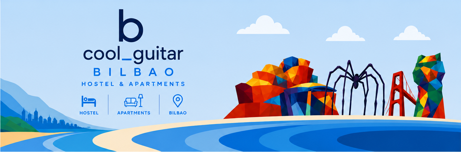 b cool_guitar Bilbao — hostel & apartments. Ilustración de Bilbao con el Guggenheim, la araña Mamá y el puente rojo